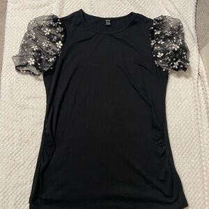SHEIN Black Blouse with Sheer Floral Sleeves